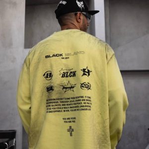 YELLOW DISTRESSED CREWNECK – BLACK ISLAND EDITION